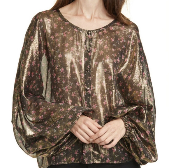 Love Shack Fancy Metallic 'Adeline' Gold Lamé Midnight Vine Balloon Sleeve XS - Picture 2 of 13